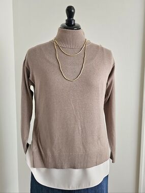 Ann Taylor Petite 2 Piece Elegant Sweater Set Turtleneck + Cami Taupe MP Petite